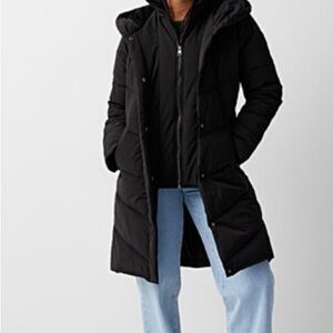 twik Black Puffer Jacket with Hood Long Length and Quilted Design